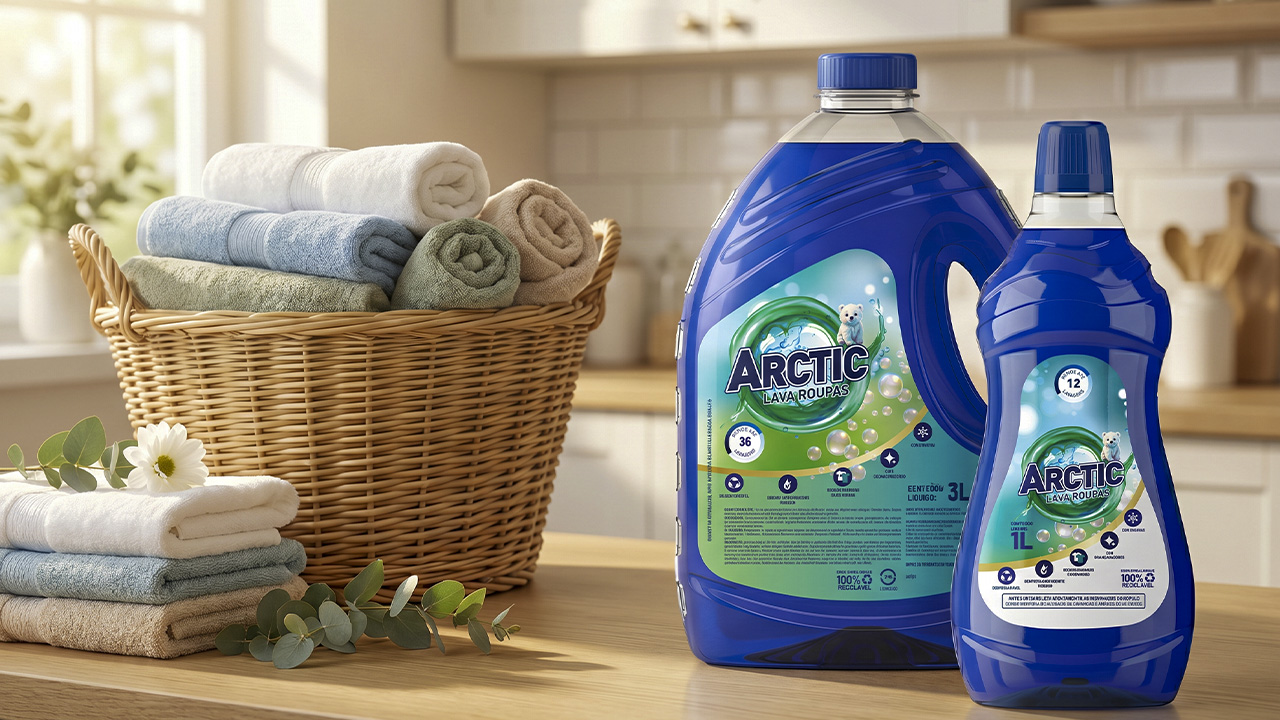 Embalagem do sabão líquido para roupas premium Arctic da DIOXIDE posicionada em uma lavanderia moderna e organizada.